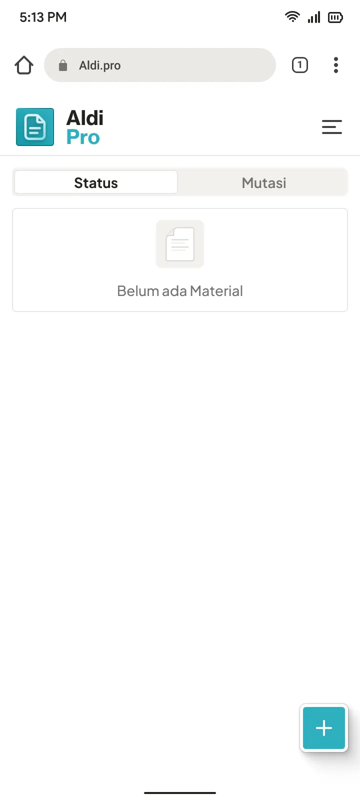 AldiPro mobile inventory: Status, Mutasi, and no materials yet