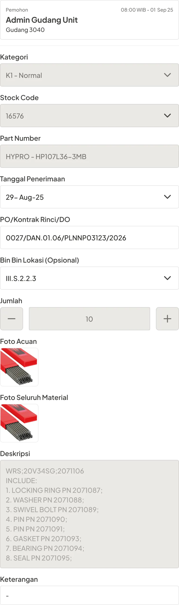 Material receipt details, quantity, supporting photos, and description