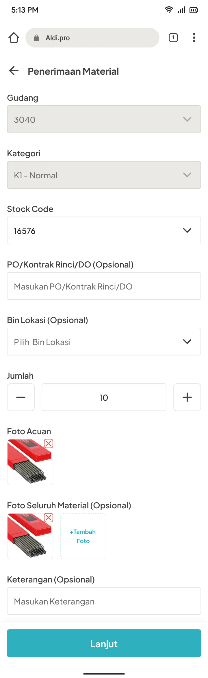 Penerimaan Material input form
