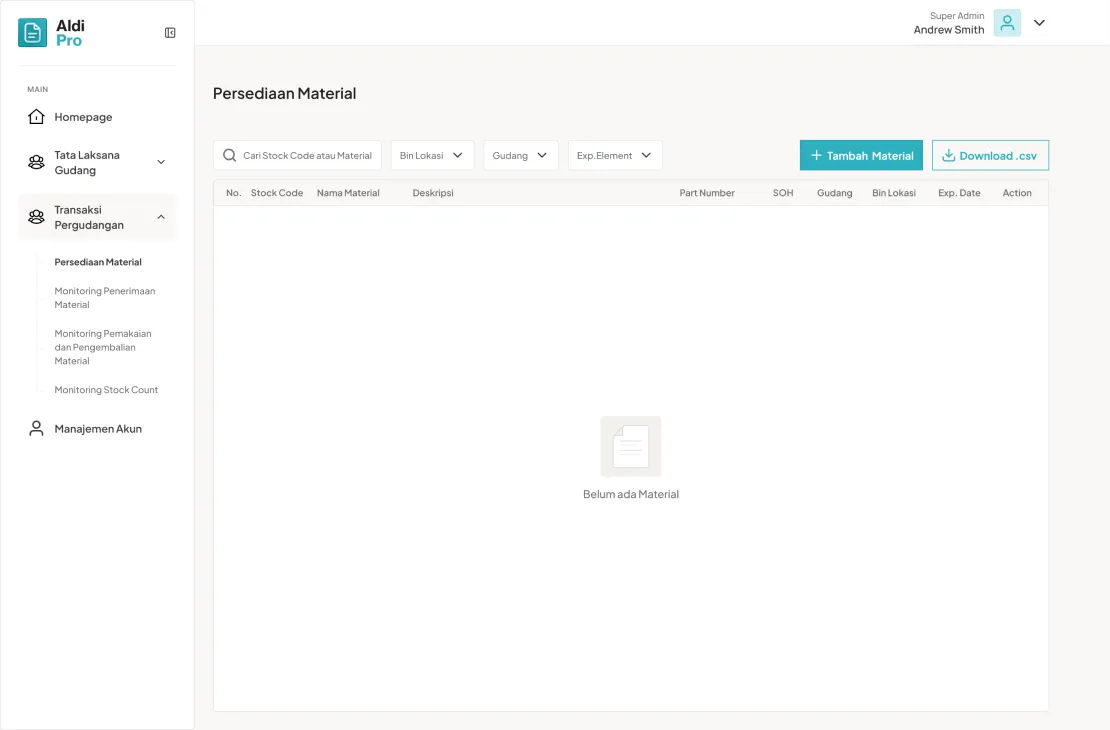 AldiPro Persediaan Material inventory with no materials yet