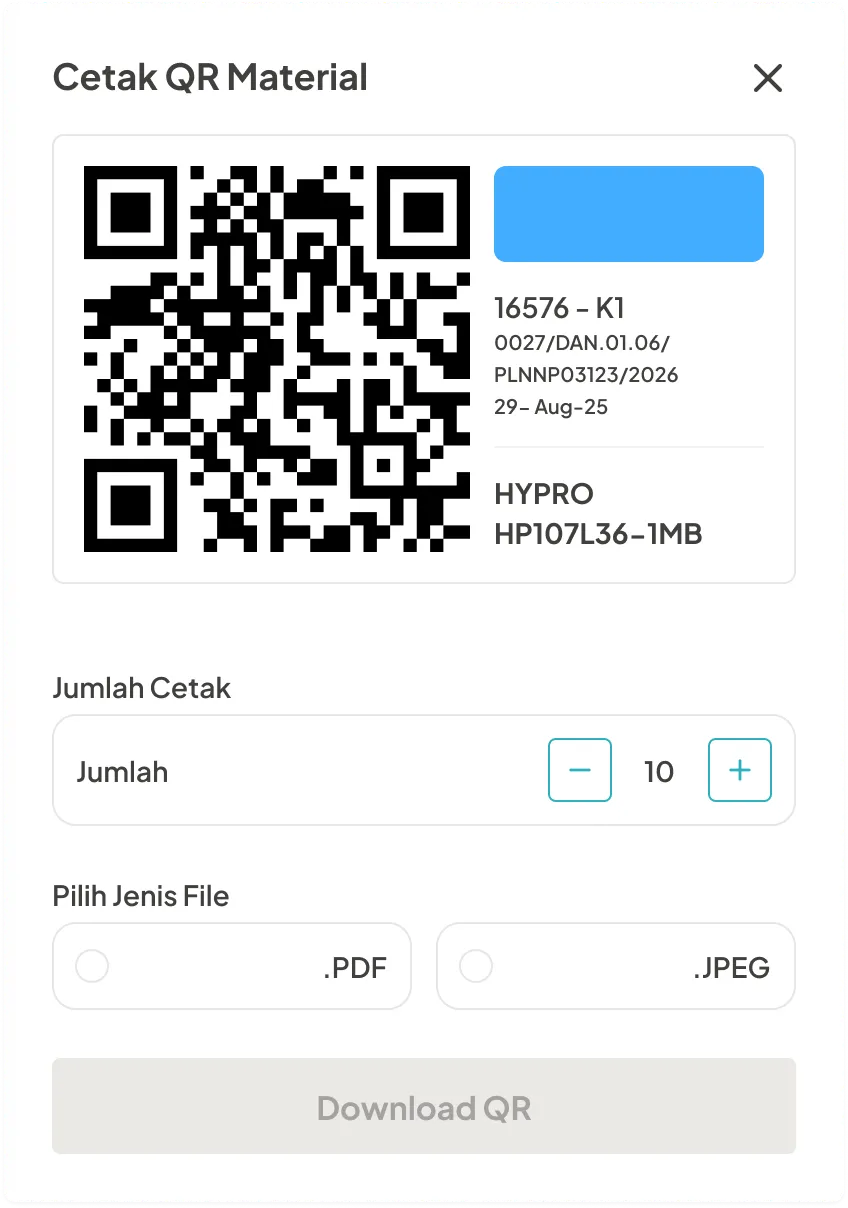 Cetak QR Material: QR code preview, Jumlah Cetak, PDF and JPEG file options
