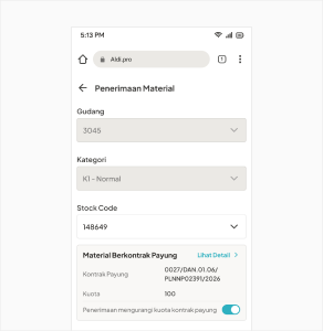 AldiPro mobile material receipt form with warehouse, category, and stock code fields