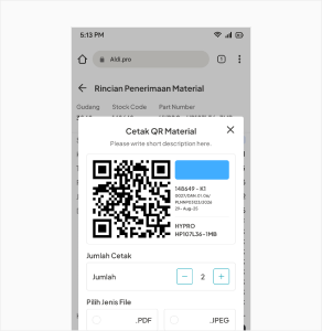 AldiPro mobile material QR code printing dialog