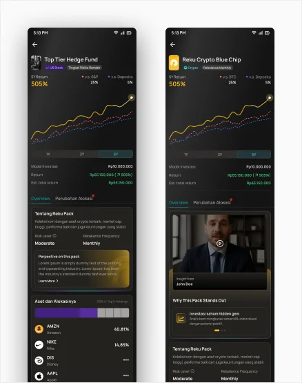 Reku Packs portfolio details, performance charts, and asset allocations