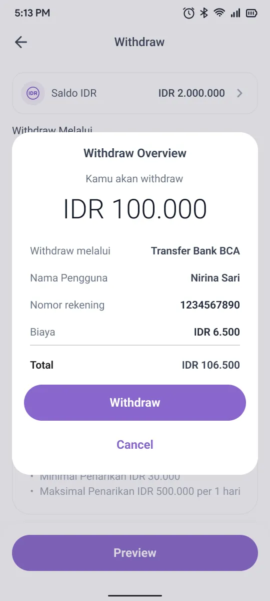 Withdrawal overview: IDR 100.000 to Nirina Sari via Bank BCA, fee IDR 6.500, total IDR 106.500