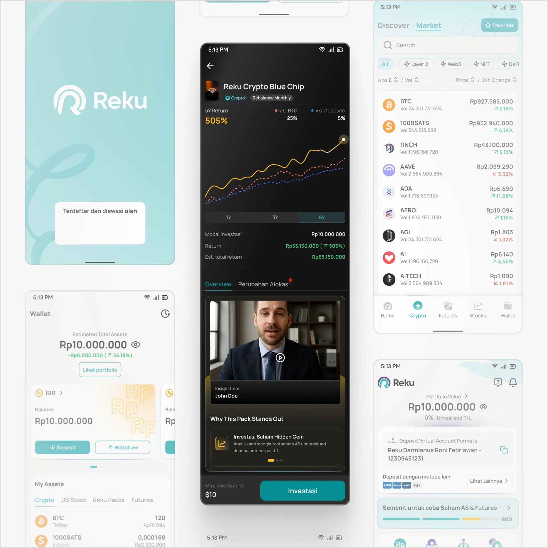 Gold-accented Reku Packs designs with performance charts, investment details, and expert insights